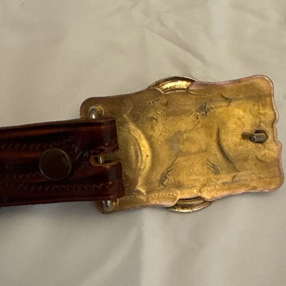 Vintage Handmade Tex Tan Leather‎ Belt Western Style Stone Buckle Brown Size 38